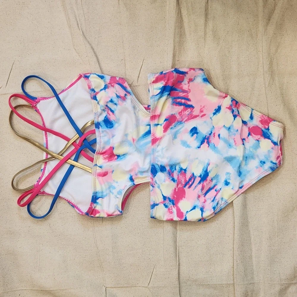 XOX Betsey Johnson Girls Tie Dye Sequin Heart Monokini Swimsuit 10 One Piece